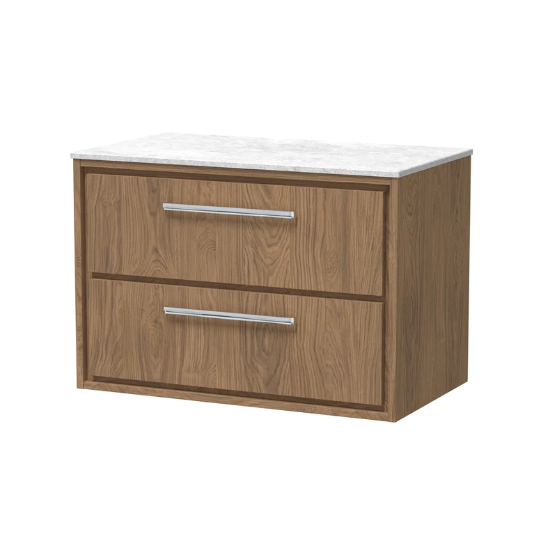 Lille 800mm Wall Hung 2 Drawer Vanity Unit & White Marble Worktop - Antique Oak Woodgrain