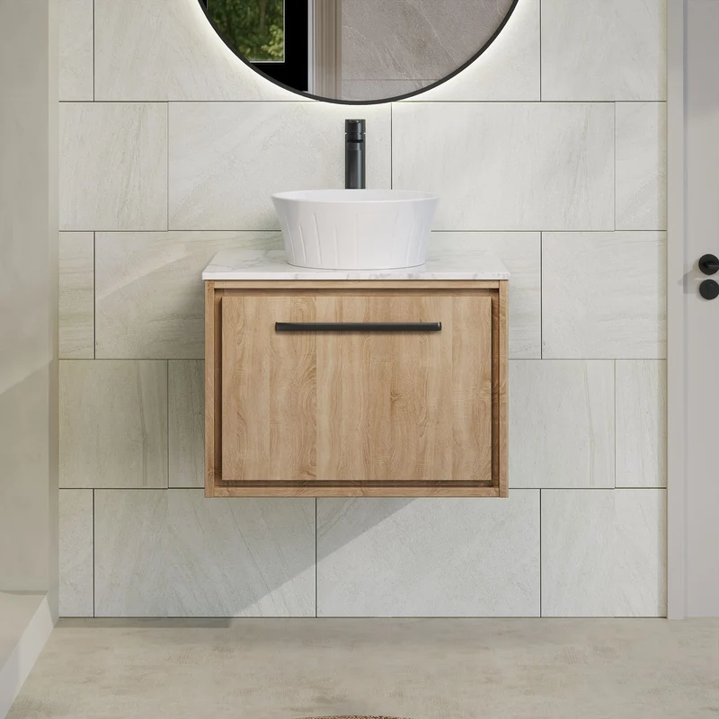 Lille 600mm Wall Hung 1 Drawer Vanity Unit & Carrera Marble Worktop - Bleached Oak Woodgrain