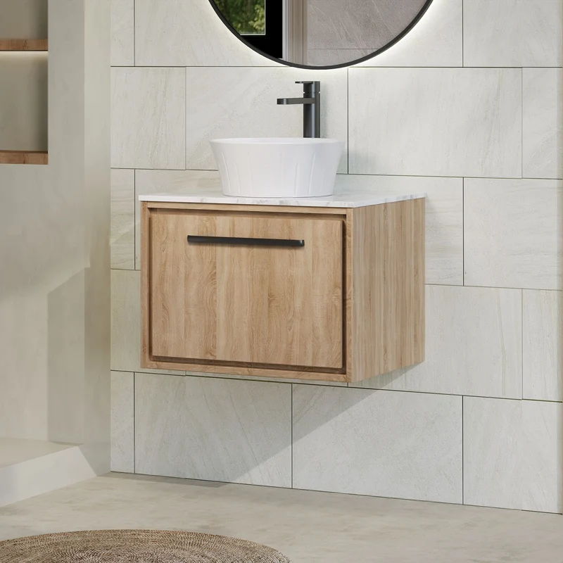 Lille 600mm Wall Hung 1 Drawer Vanity Unit & Carrera Marble Worktop - Bleached Oak Woodgrain