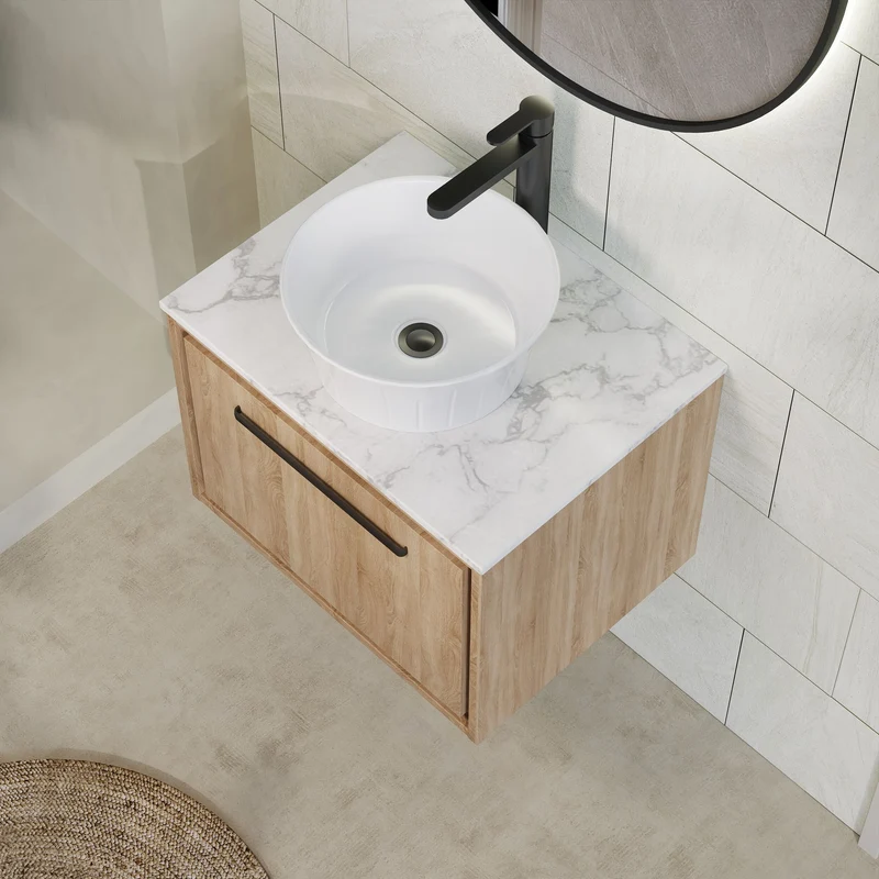 Lille 600mm Wall Hung 1 Drawer Vanity Unit & Carrera Marble Worktop - Bleached Oak Woodgrain