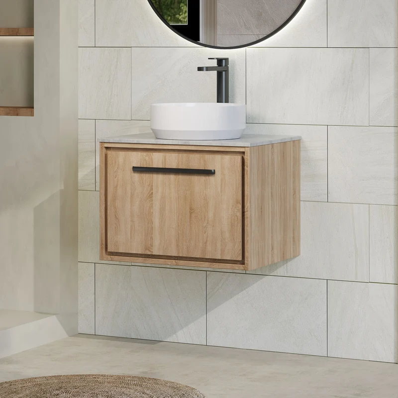 Lille 600mm Wall Hung 1 Drawer Vanity Unit & Grey Marble Worktop - Bleached Oak Woodgrain
