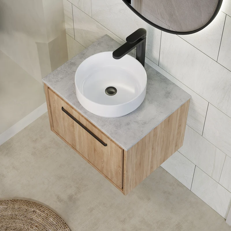 Lille 600mm Wall Hung 1 Drawer Vanity Unit & Grey Marble Worktop - Bleached Oak Woodgrain