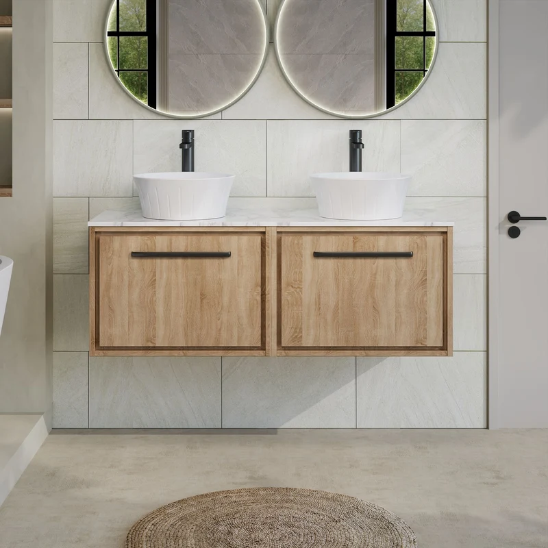 Lille 1200mm Wall Hung 2 Drawer Vanity Unit & Carrera Marble Worktop - Bleached Oak Woodgrain