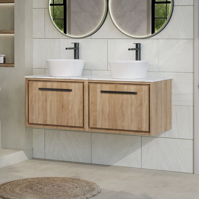 Lille 1200mm Wall Hung 2 Drawer Vanity Unit & Carrera Marble Worktop - Bleached Oak Woodgrain