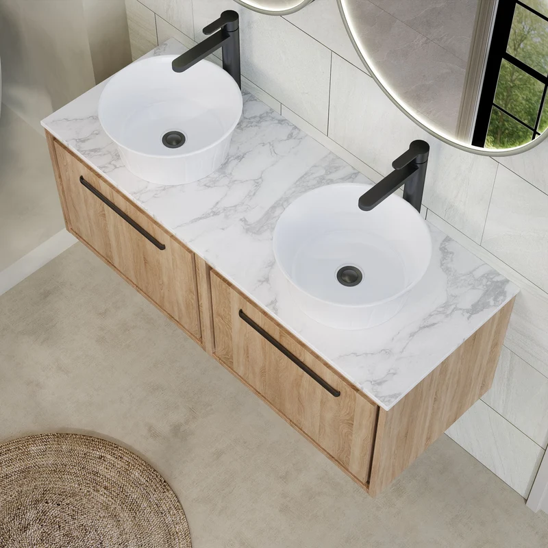 Lille 1200mm Wall Hung 2 Drawer Vanity Unit & Carrera Marble Worktop - Bleached Oak Woodgrain