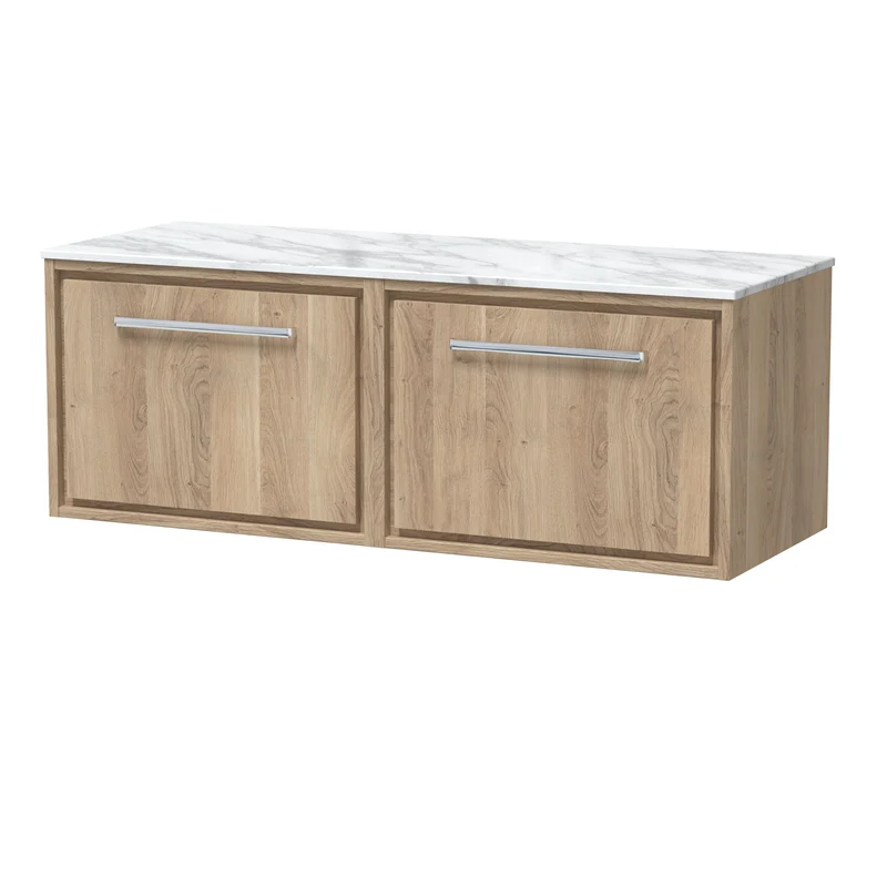 Lille 1200mm Wall Hung 2 Drawer Vanity Unit & Carrera Marble Worktop - Bleached Oak Woodgrain