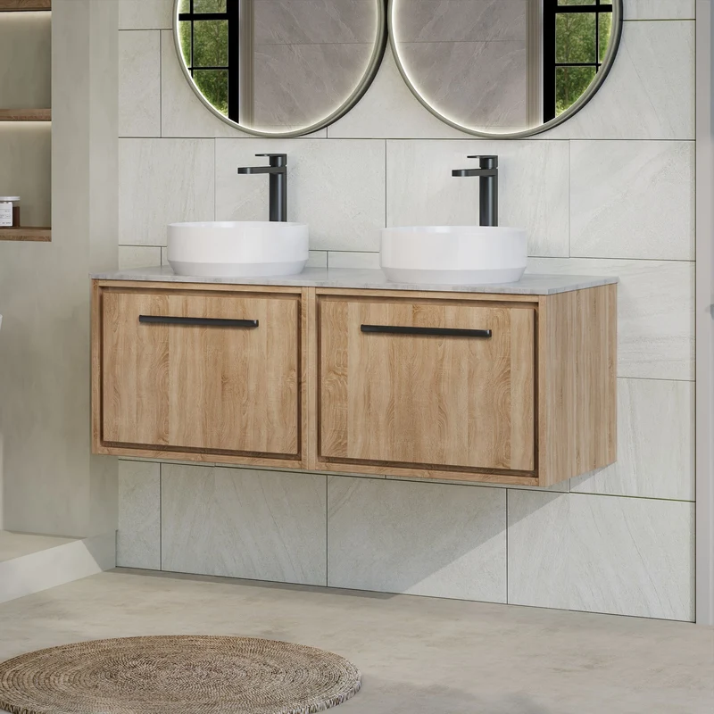 Lille 1200mm Wall Hung 2 Drawer Vanity Unit & Grey Marble Worktop - Bleached Oak Woodgrain