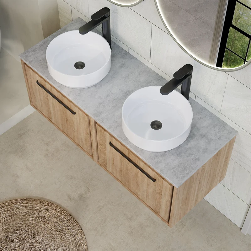 Lille 1200mm Wall Hung 2 Drawer Vanity Unit & Grey Marble Worktop - Bleached Oak Woodgrain