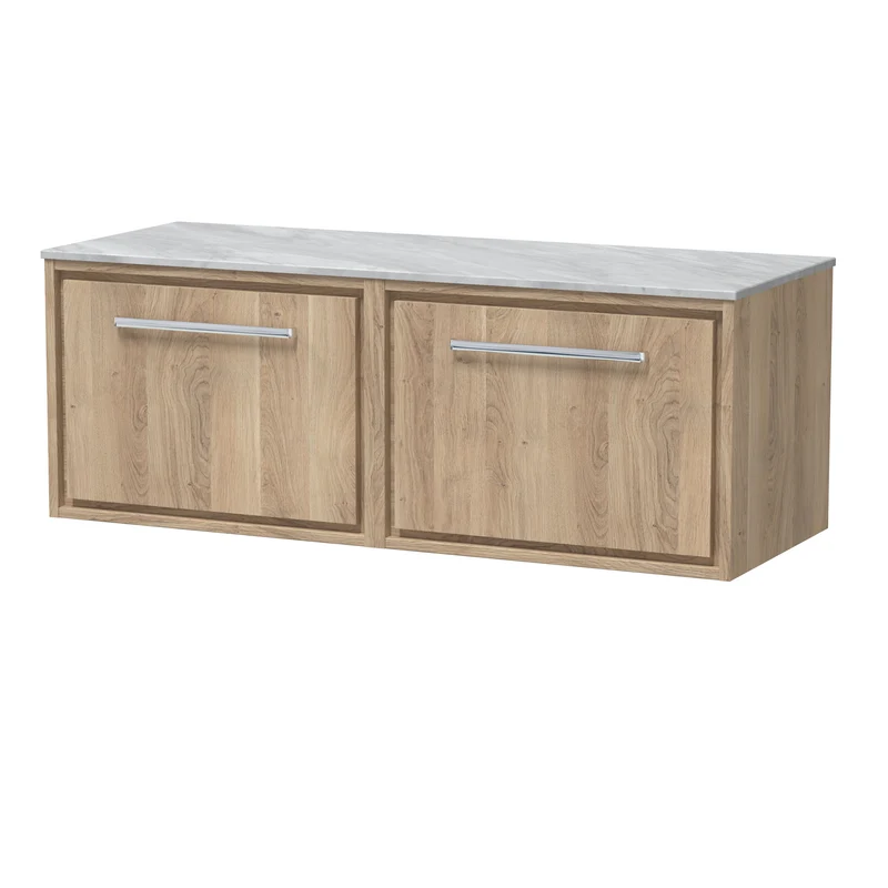 Lille 1200mm Wall Hung 2 Drawer Vanity Unit & Grey Marble Worktop - Bleached Oak Woodgrain