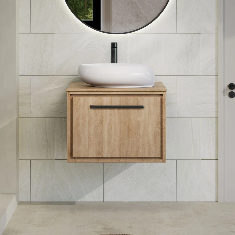 Lille 600mm Wall Hung 1 Drawer Vanity Unit & Worktop - Bleached Oak Woodgrain