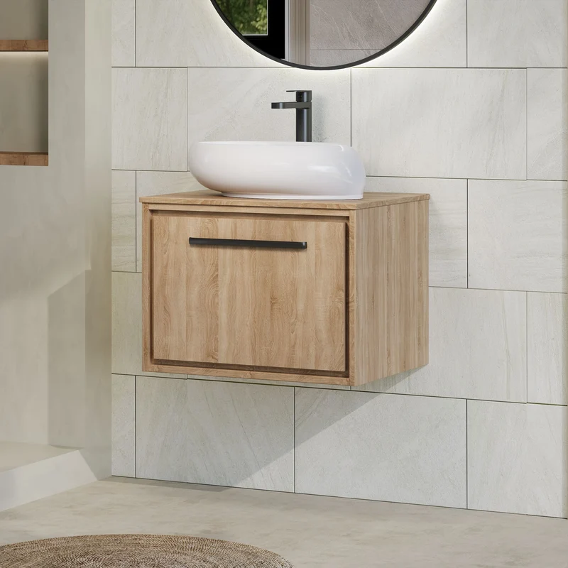 Lille 600mm Wall Hung 1 Drawer Vanity Unit & Worktop - Bleached Oak Woodgrain