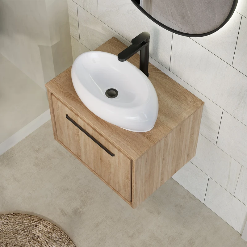 Lille 600mm Wall Hung 1 Drawer Vanity Unit & Worktop - Bleached Oak Woodgrain