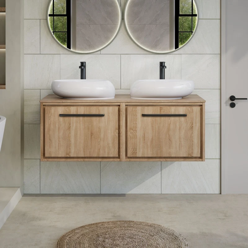 Lille 1200mm Wall Hung 2 Drawer Vanity Unit & Worktop - Bleached Oak Woodgrain