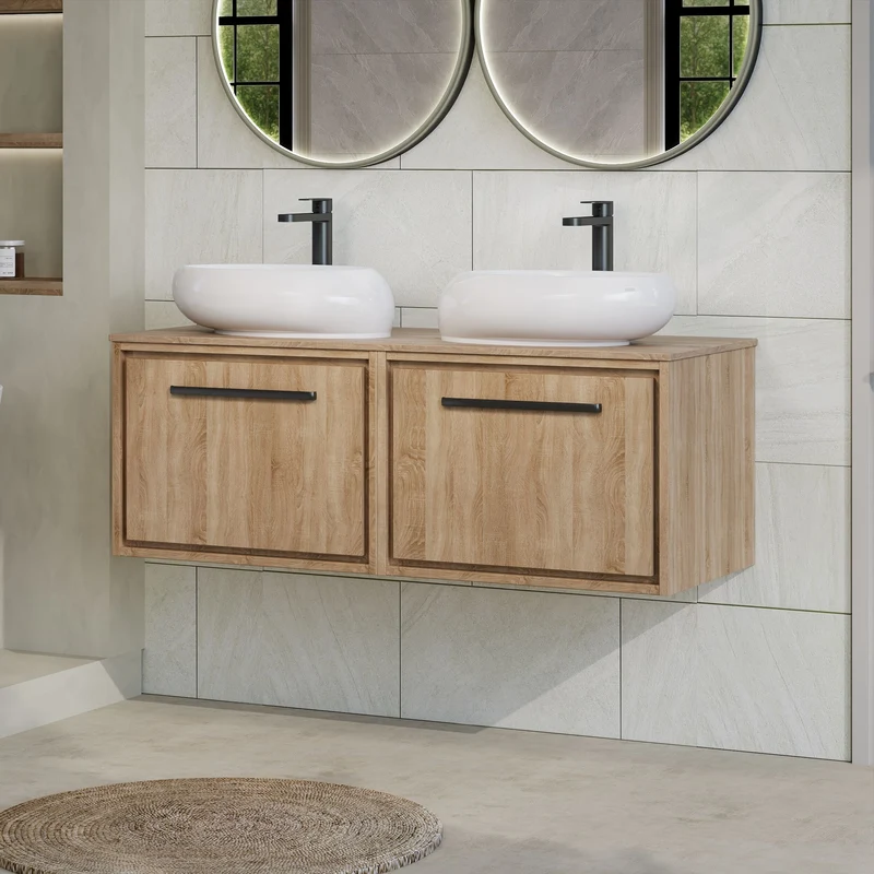 Lille 1200mm Wall Hung 2 Drawer Vanity Unit & Worktop - Bleached Oak Woodgrain