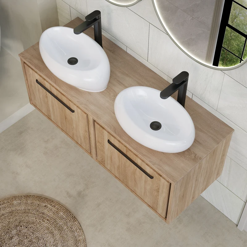 Lille 1200mm Wall Hung 2 Drawer Vanity Unit & Worktop - Bleached Oak Woodgrain