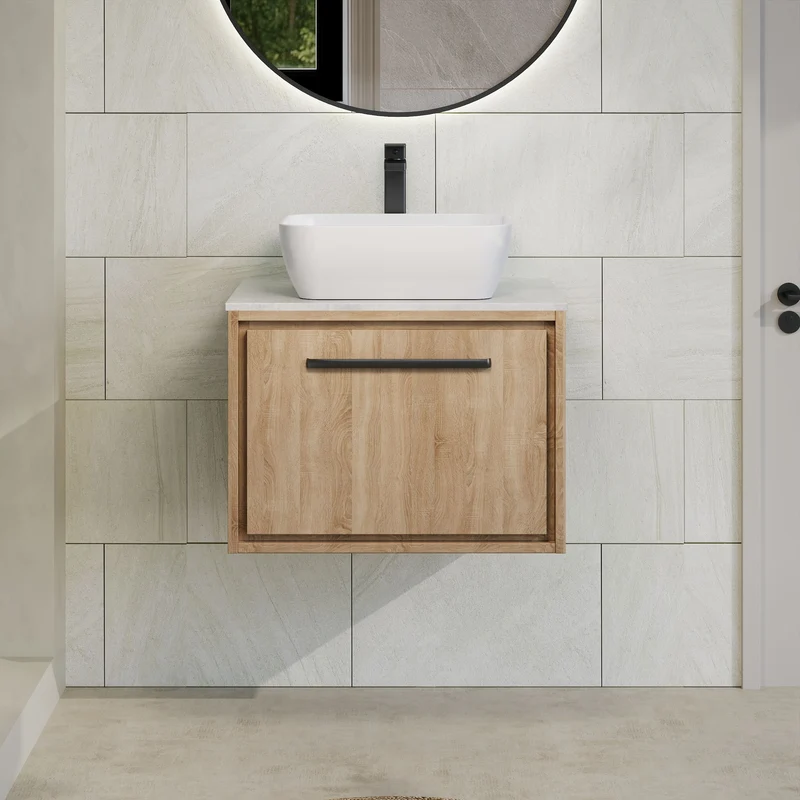 Lille 600mm Wall Hung 1 Drawer Vanity Unit & White Marble Worktop - Bleached Oak Woodgrain