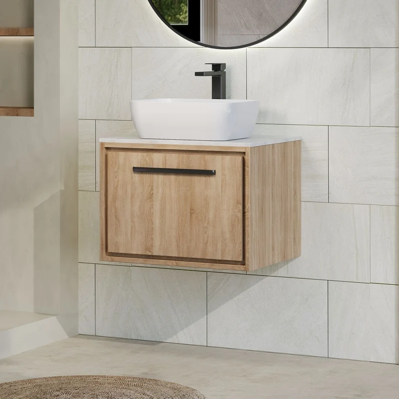 Lille 600mm Wall Hung 1 Drawer Vanity Unit & White Marble Worktop - Bleached Oak Woodgrain