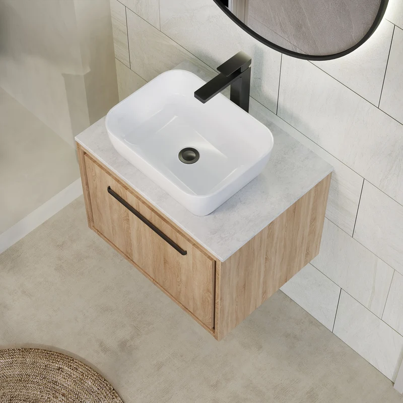 Lille 600mm Wall Hung 1 Drawer Vanity Unit & White Marble Worktop - Bleached Oak Woodgrain