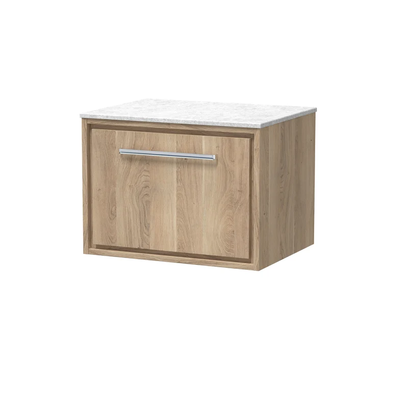 Lille 600mm Wall Hung 1 Drawer Vanity Unit & White Marble Worktop - Bleached Oak Woodgrain
