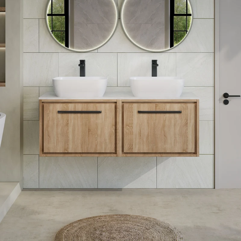 Lille 1200mm Wall Hung 2 Drawer Vanity Unit & White Marble Worktop - Bleached Oak Woodgrain