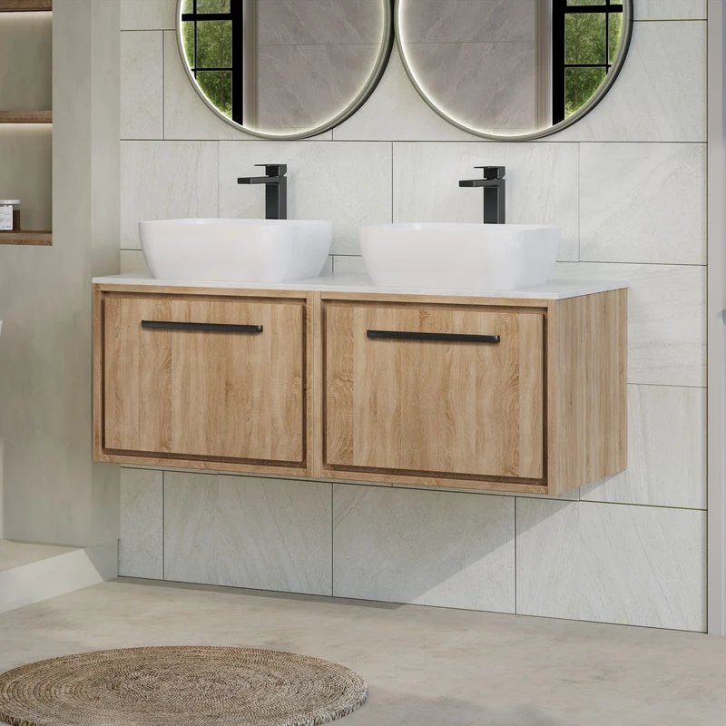 Lille 1200mm Wall Hung 2 Drawer Vanity Unit & White Marble Worktop - Bleached Oak Woodgrain