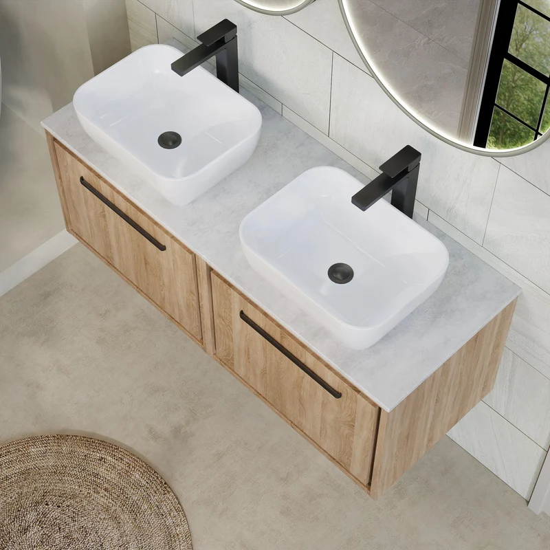 Lille 1200mm Wall Hung 2 Drawer Vanity Unit & White Marble Worktop - Bleached Oak Woodgrain