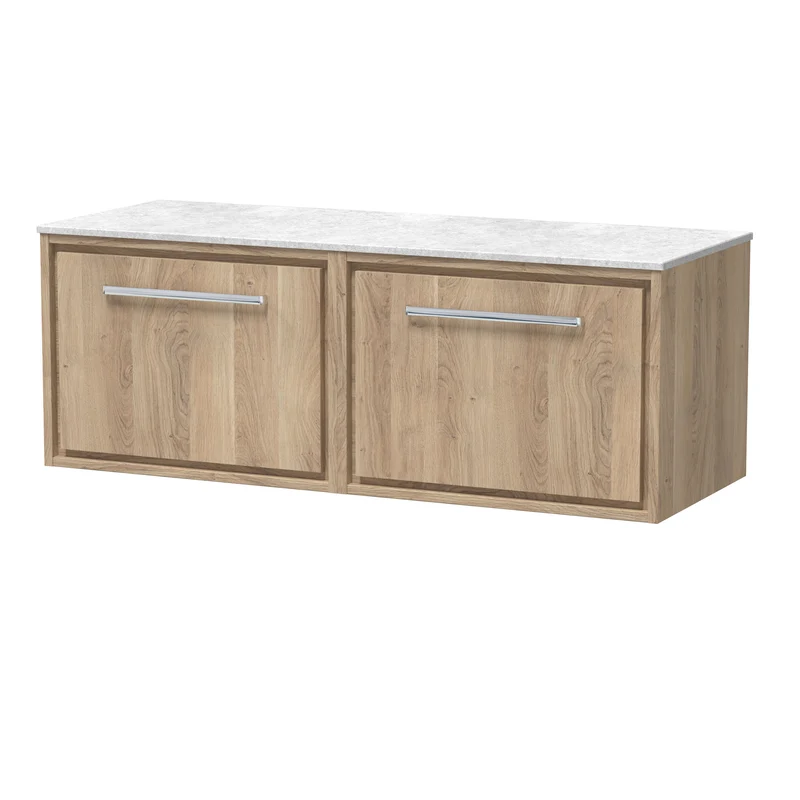 Lille 1200mm Wall Hung 2 Drawer Vanity Unit & White Marble Worktop - Bleached Oak Woodgrain