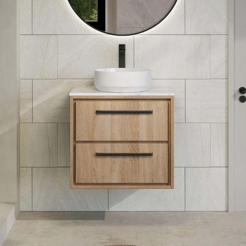 Lille 600mm Wall Hung 2 Drawer Vanity Unit & Carrera Marble Worktop - Bleached Oak Woodgrain