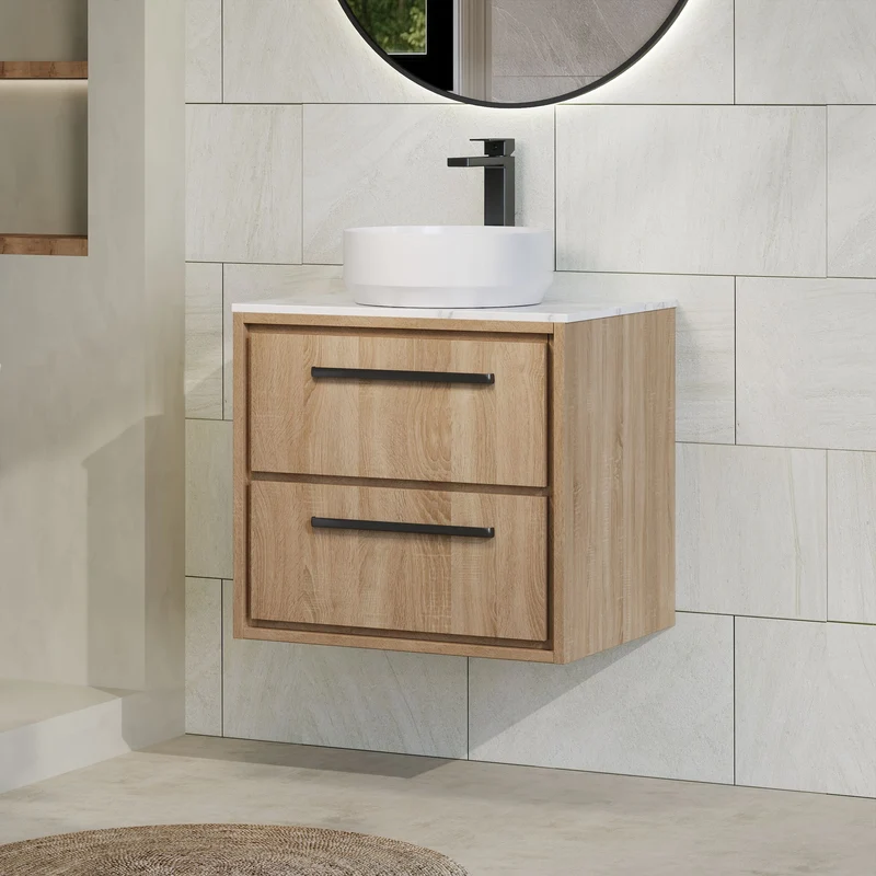 Lille 600mm Wall Hung 2 Drawer Vanity Unit & Carrera Marble Worktop - Bleached Oak Woodgrain