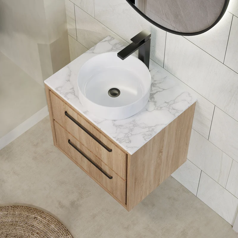 Lille 600mm Wall Hung 2 Drawer Vanity Unit & Carrera Marble Worktop - Bleached Oak Woodgrain