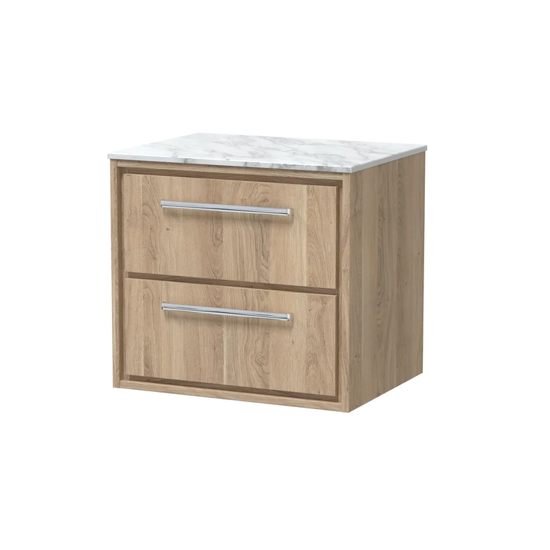 Lille 600mm Wall Hung 2 Drawer Vanity Unit & Carrera Marble Worktop - Bleached Oak Woodgrain