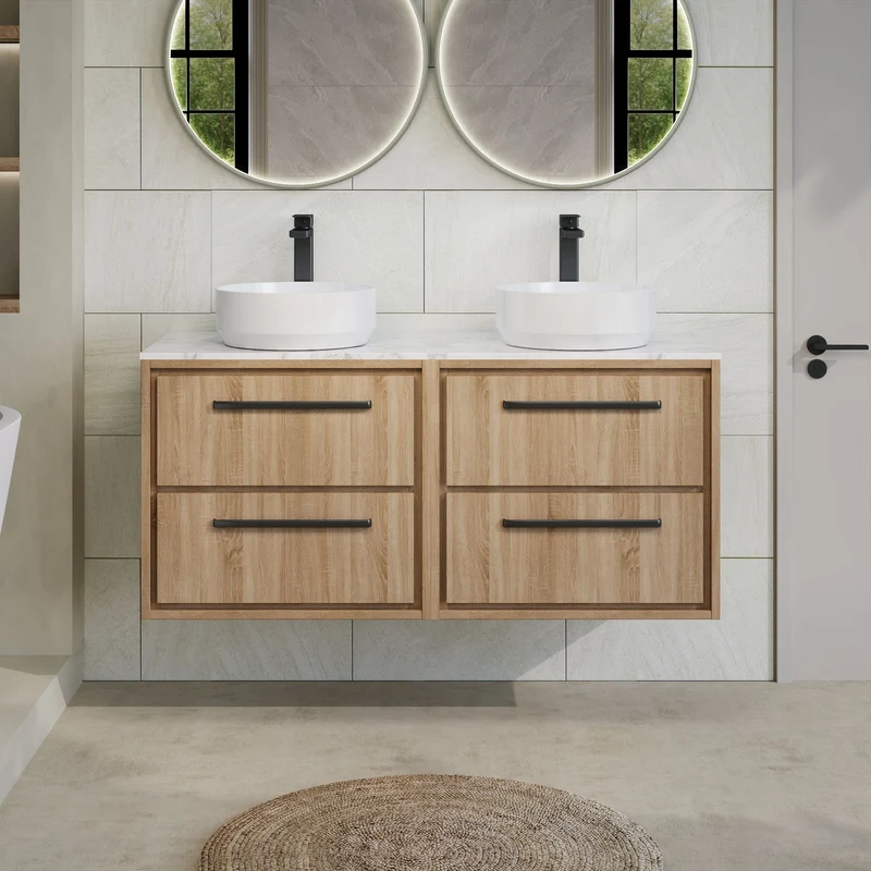Lille 1200mm Wall Hung 4 Drawer Vanity Unit & Carrera Marble Worktop - Bleached Oak Woodgrain