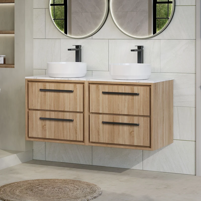 Lille 1200mm Wall Hung 4 Drawer Vanity Unit & Carrera Marble Worktop - Bleached Oak Woodgrain