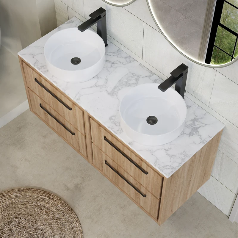Lille 1200mm Wall Hung 4 Drawer Vanity Unit & Carrera Marble Worktop - Bleached Oak Woodgrain
