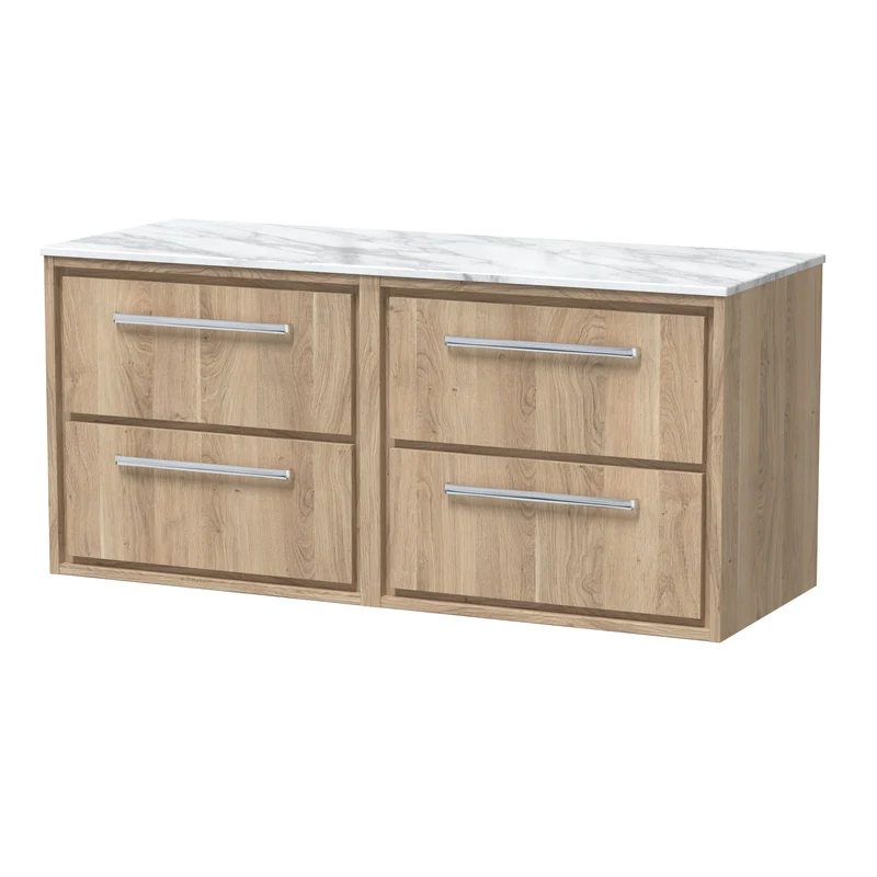 Lille 1200mm Wall Hung 4 Drawer Vanity Unit & Carrera Marble Worktop - Bleached Oak Woodgrain