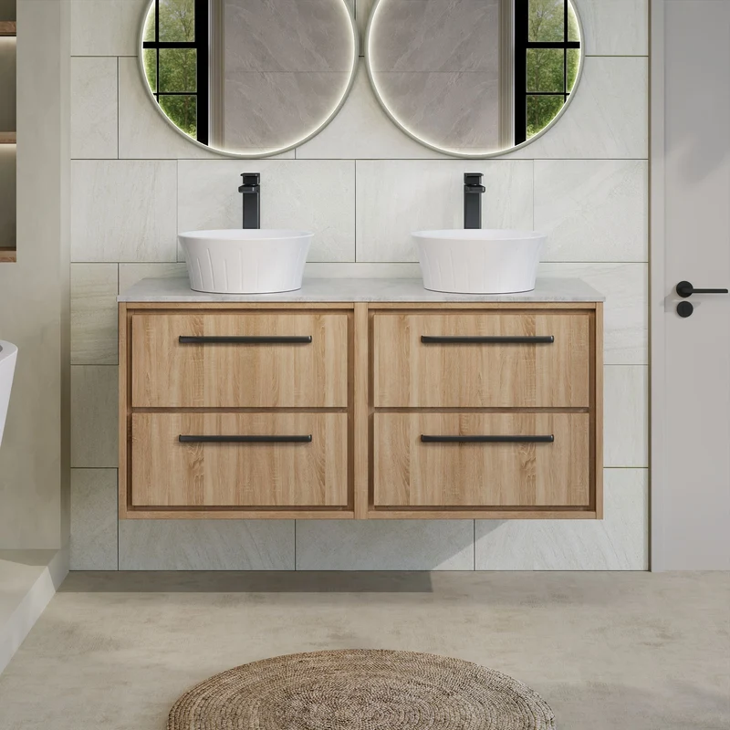 Lille 1200mm Wall Hung 4 Drawer Vanity Unit & Grey Marble Worktop - Bleached Oak Woodgrain