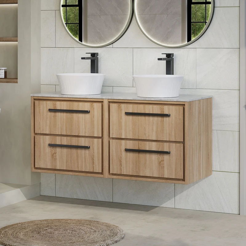 Lille 1200mm Wall Hung 4 Drawer Vanity Unit & Grey Marble Worktop - Bleached Oak Woodgrain