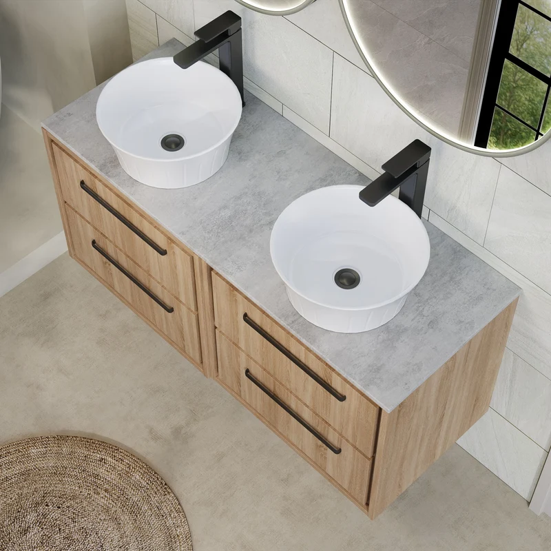 Lille 1200mm Wall Hung 4 Drawer Vanity Unit & Grey Marble Worktop - Bleached Oak Woodgrain