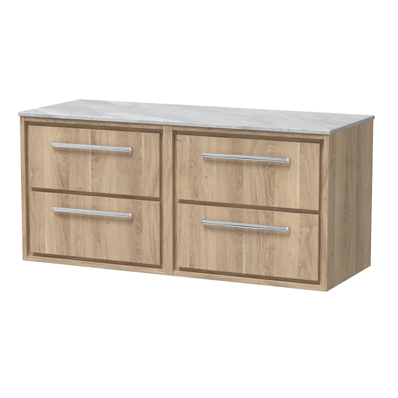 Lille 1200mm Wall Hung 4 Drawer Vanity Unit & Grey Marble Worktop - Bleached Oak Woodgrain