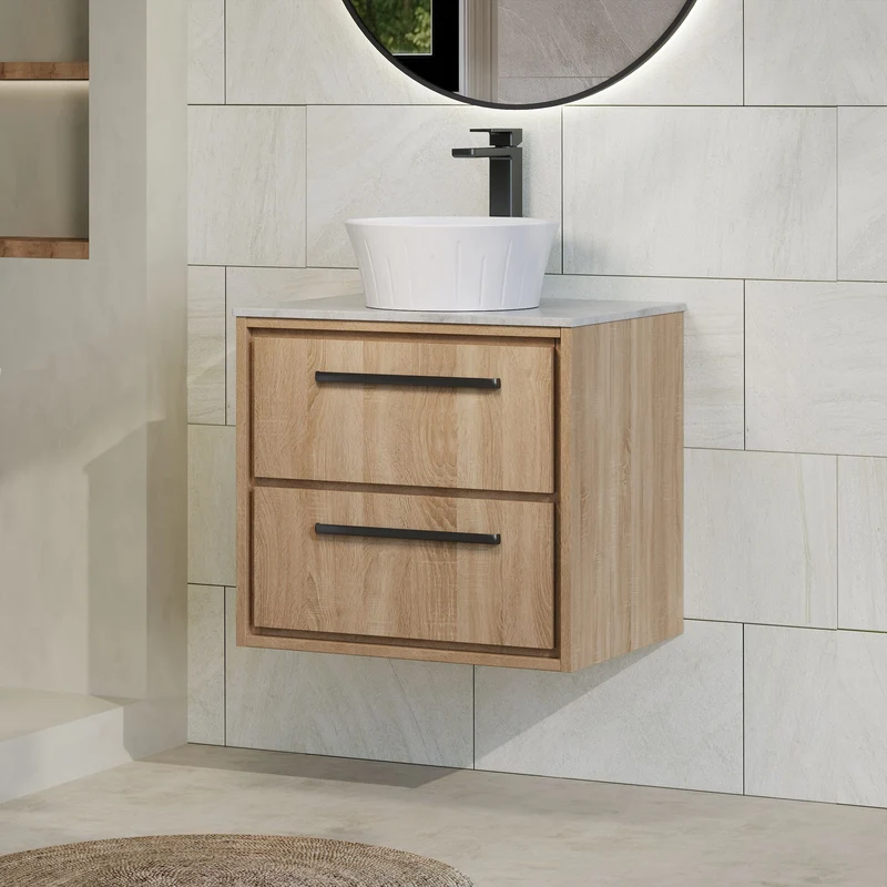 Lille 600mm Wall Hung 2 Drawer Vanity Unit & Grey Marble Worktop - Bleached Oak Woodgrain