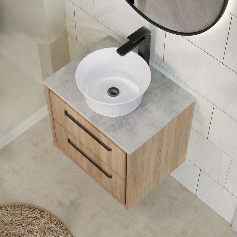 Lille 600mm Wall Hung 2 Drawer Vanity Unit & Grey Marble Worktop - Bleached Oak Woodgrain