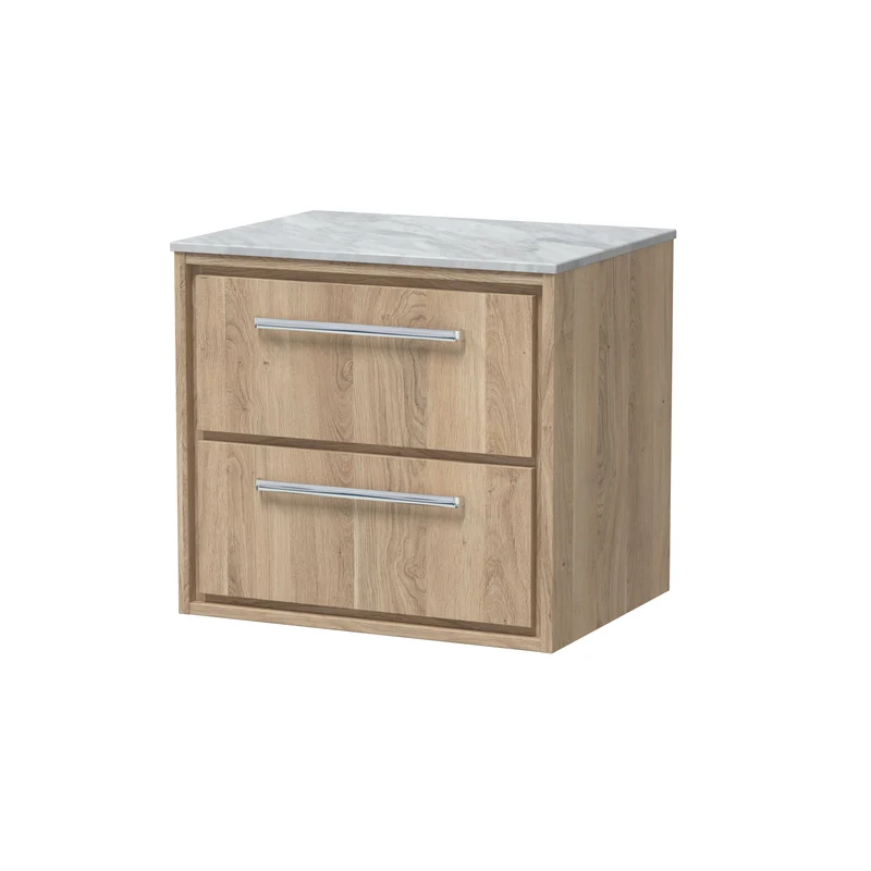 Lille 600mm Wall Hung 2 Drawer Vanity Unit & Grey Marble Worktop - Bleached Oak Woodgrain