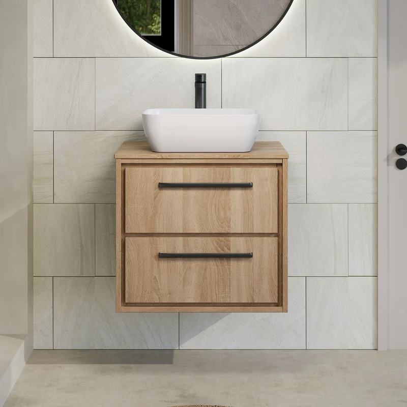 Lille 600mm Wall Hung 2 Drawer Vanity Unit & Worktop - Bleached Oak Woodgrain