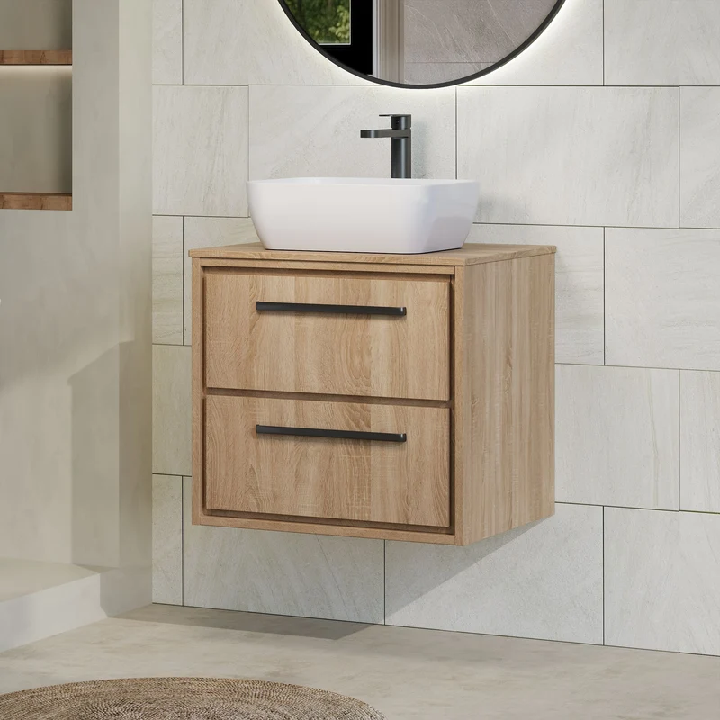 Lille 600mm Wall Hung 2 Drawer Vanity Unit & Worktop - Bleached Oak Woodgrain