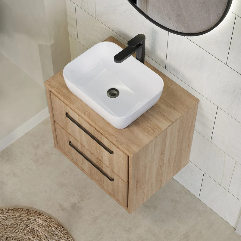 Lille 600mm Wall Hung 2 Drawer Vanity Unit & Worktop - Bleached Oak Woodgrain