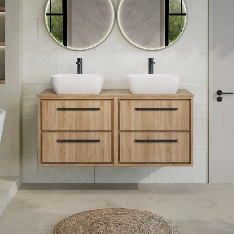 Lille 1200mm Wall Hung 4 Drawer Vanity Unit & Worktop - Bleached Oak Woodgrain