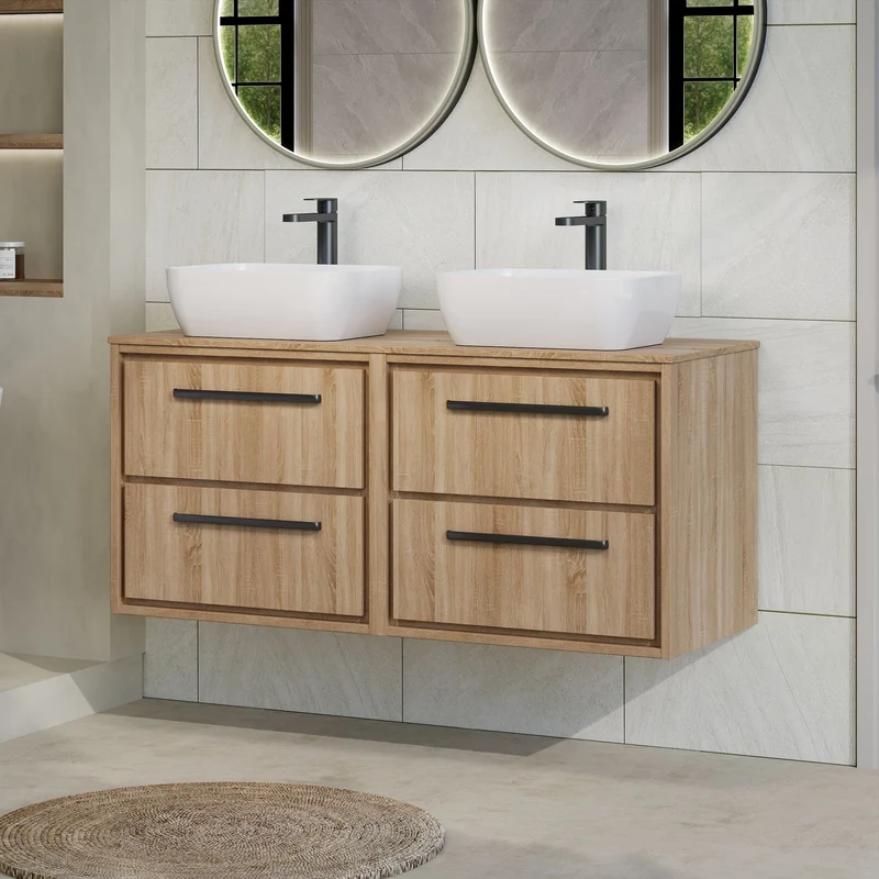 Lille 1200mm Wall Hung 4 Drawer Vanity Unit & Worktop - Bleached Oak Woodgrain