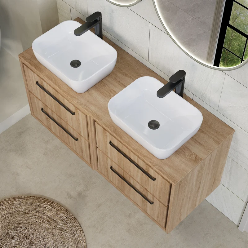 Lille 1200mm Wall Hung 4 Drawer Vanity Unit & Worktop - Bleached Oak Woodgrain