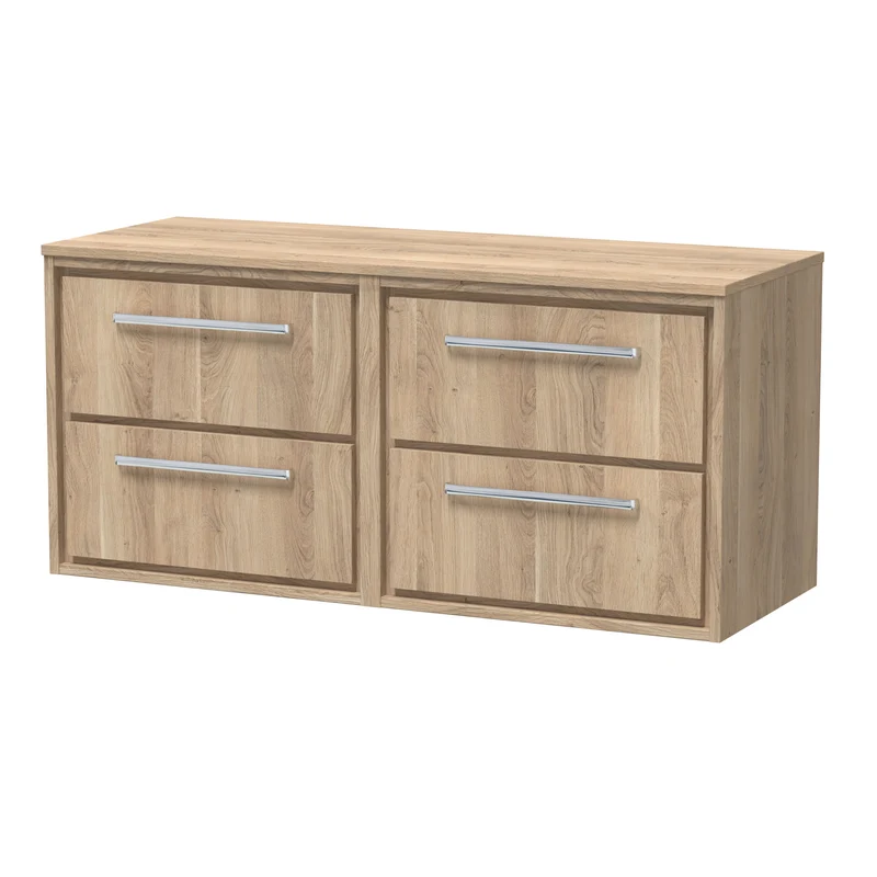 Lille 1200mm Wall Hung 4 Drawer Vanity Unit & Worktop - Bleached Oak Woodgrain