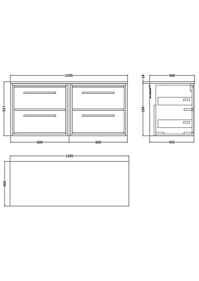 Lille 1200mm Wall Hung 4 Drawer Vanity Unit & Worktop - Bleached Oak Woodgrain